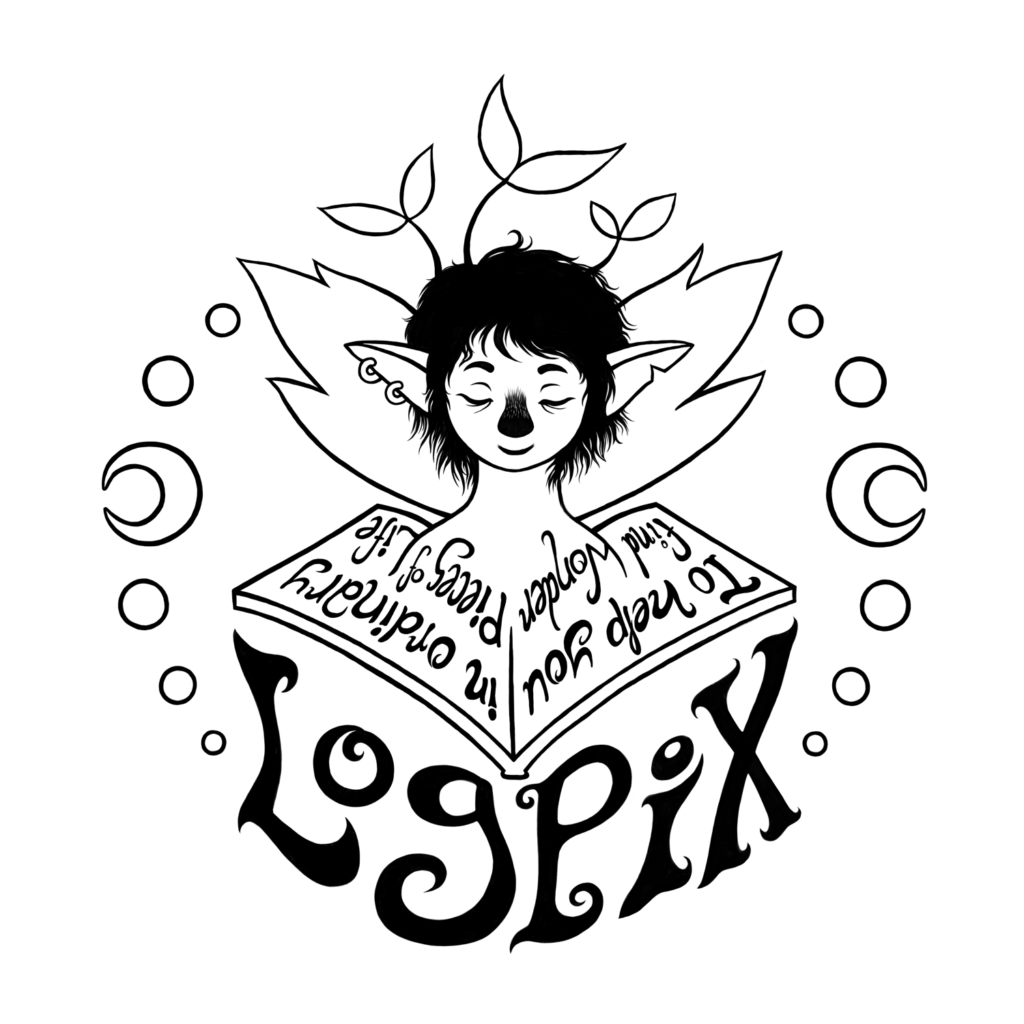 Logo of logpix that contains a pixie in a book that says to help you find wonder in ordinary pieces of life